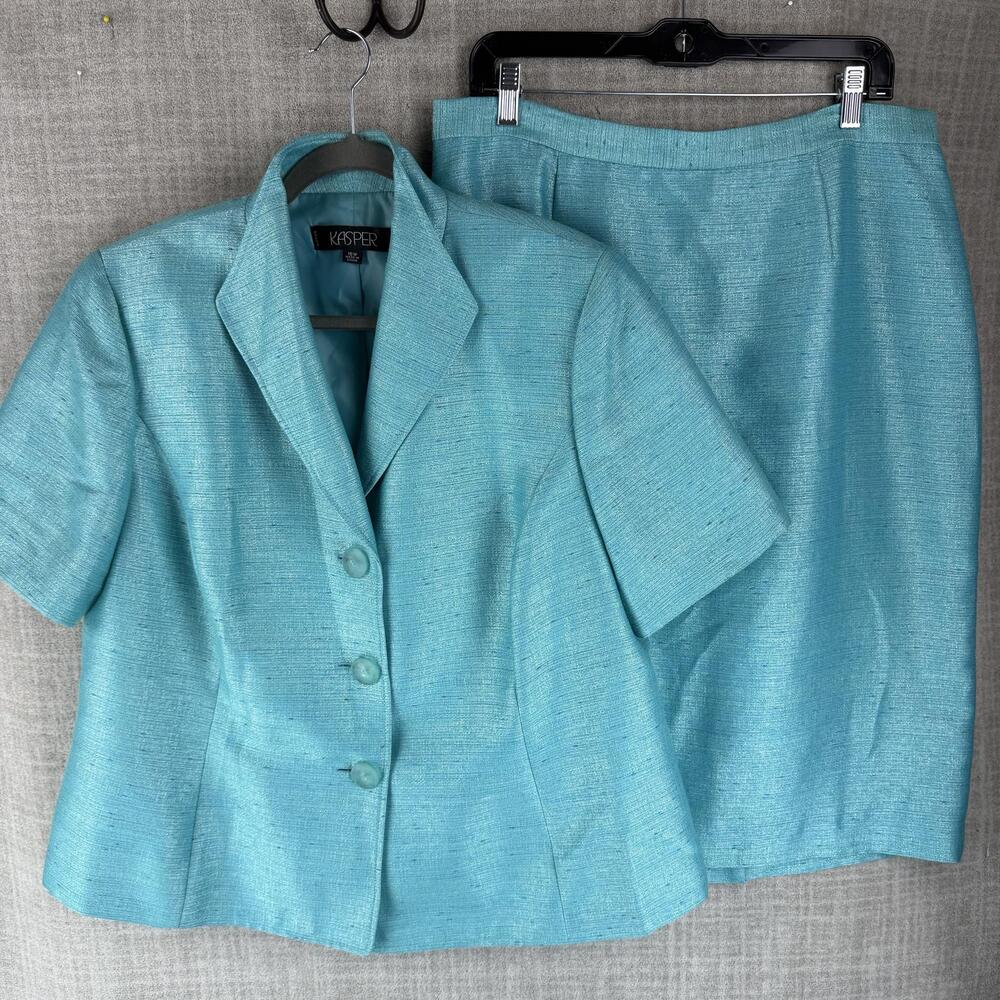 Kasper Skirt Suit Womens 16W Blue 2 Piece Lined Tweed Classic Workwear